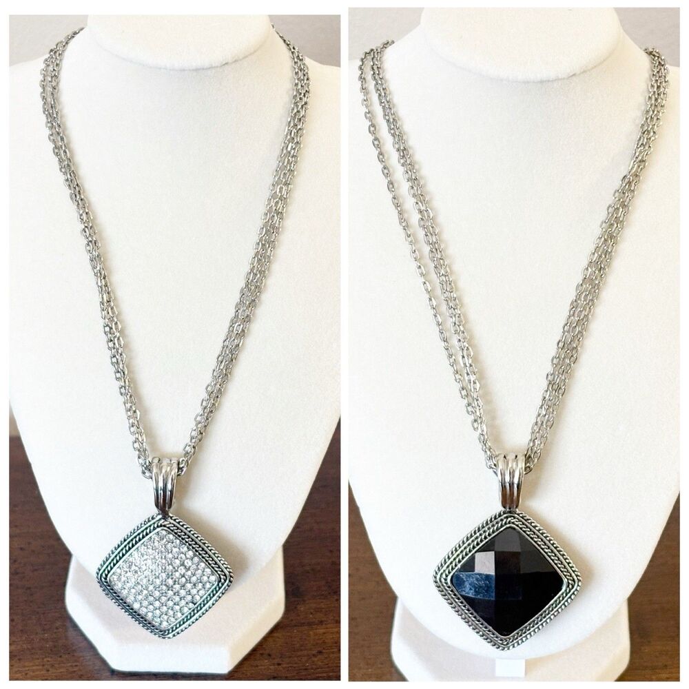 Signed PREMIER DESIGNS 3-Strand Possibilities Black Cab SP Pendant Necklace 16”